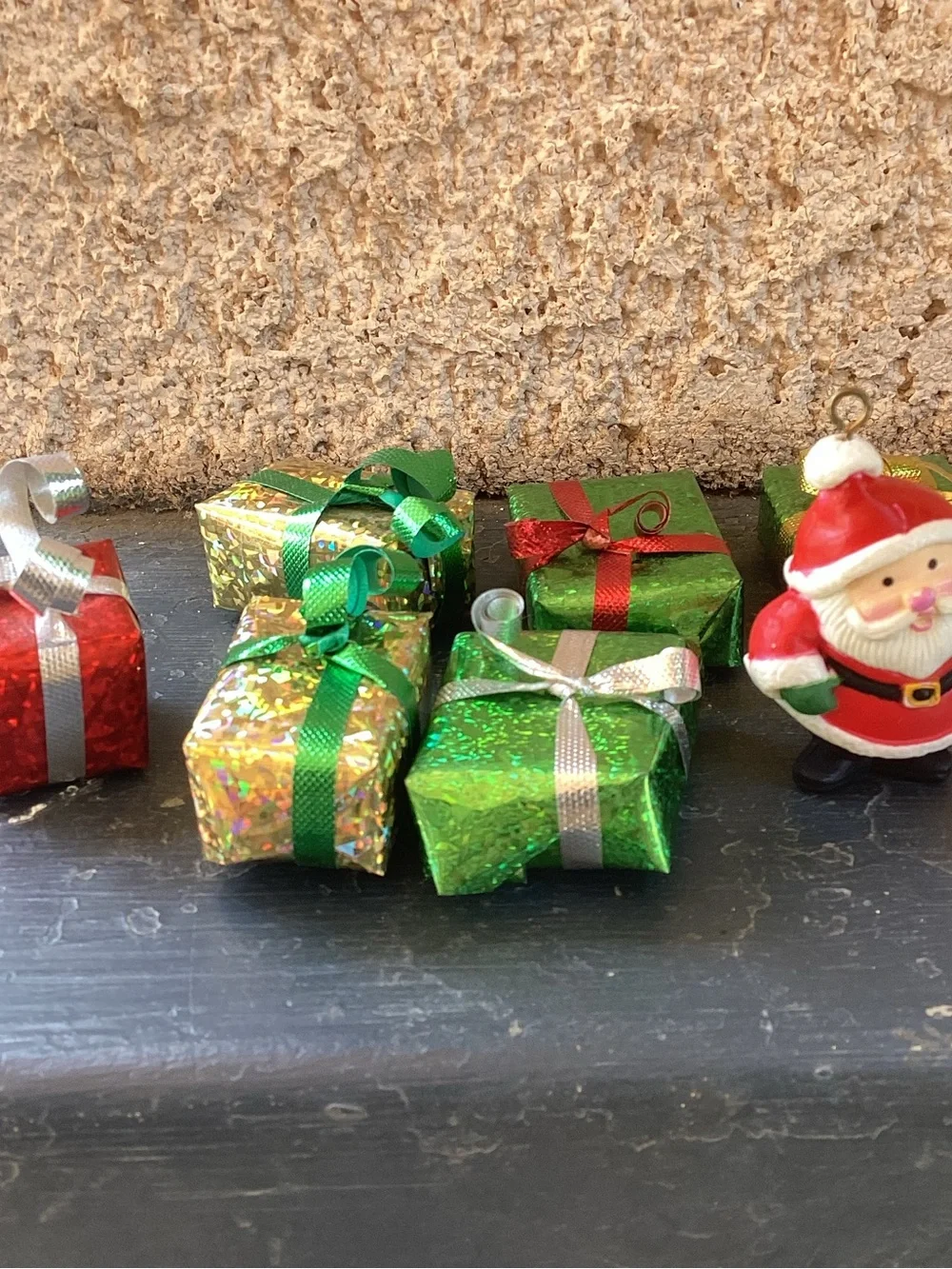 Lot of 7 Tiny Presents and Tiny Santa Ornament